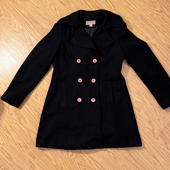Michael Kors, sz 8, Double-Breasted Black Wool Coat with Rose Button Detail OAK - Picture 7 of 10